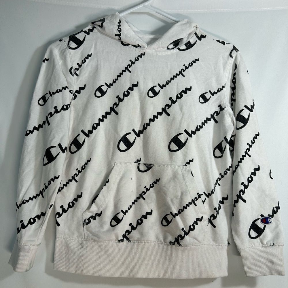 Champion White All Over Print Logo Pullover Hoodie Boys Size S Large